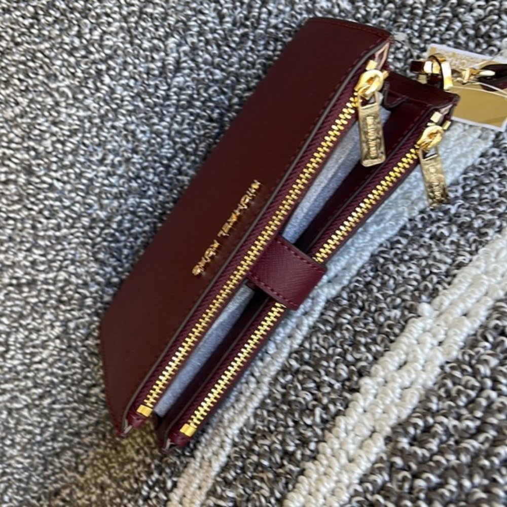 Michael Kors Jet Set Travel Large Double Zip Wristlet Wallet Dark Cherry Leather - Picture 3 of 16